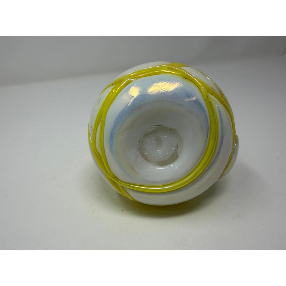 Vintage 1984 Gibson Glass White Opalescent Iridescent Yellow Threaded Cruet - Picture 6 of 6